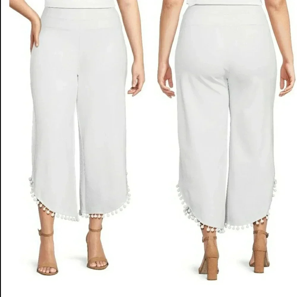 Slimming Boho Culottes 1X Capri White Cropped Soft Stretch Knit Pull-On Fringe